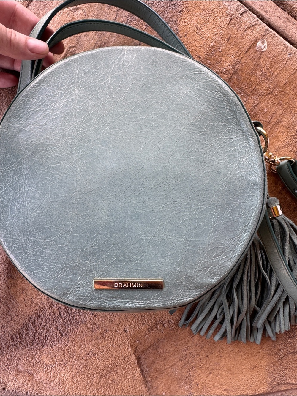 Brahmin Lane Circle Crossbody Bag Sage Green Leather Round Tassel Top Handle - Picture 4 of 16